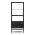 Woven black raffia drawers offer closed storage and a texture-driven take on book shelving. Antique brass-finished hardware adds a touch of vintage detailing, all framed within solid mahogany Amethyst Home provides interior design, new home construction design consulting, vintage area rugs, and lighting in the Omaha metro area.