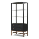 Woven black raffia drawers offer closed storage and a texture-driven take on book shelving. Antique brass-finished hardware adds a touch of vintage detailing, all framed within solid mahogany Amethyst Home provides interior design, new home construction design consulting, vintage area rugs, and lighting in the Park City metro area.