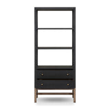 Woven black raffia drawers offer closed storage and a texture-driven take on book shelving. Antique brass-finished hardware adds a touch of vintage detailing, all framed within solid mahogany Amethyst Home provides interior design, new home construction design consulting, vintage area rugs, and lighting in the Portland metro area.