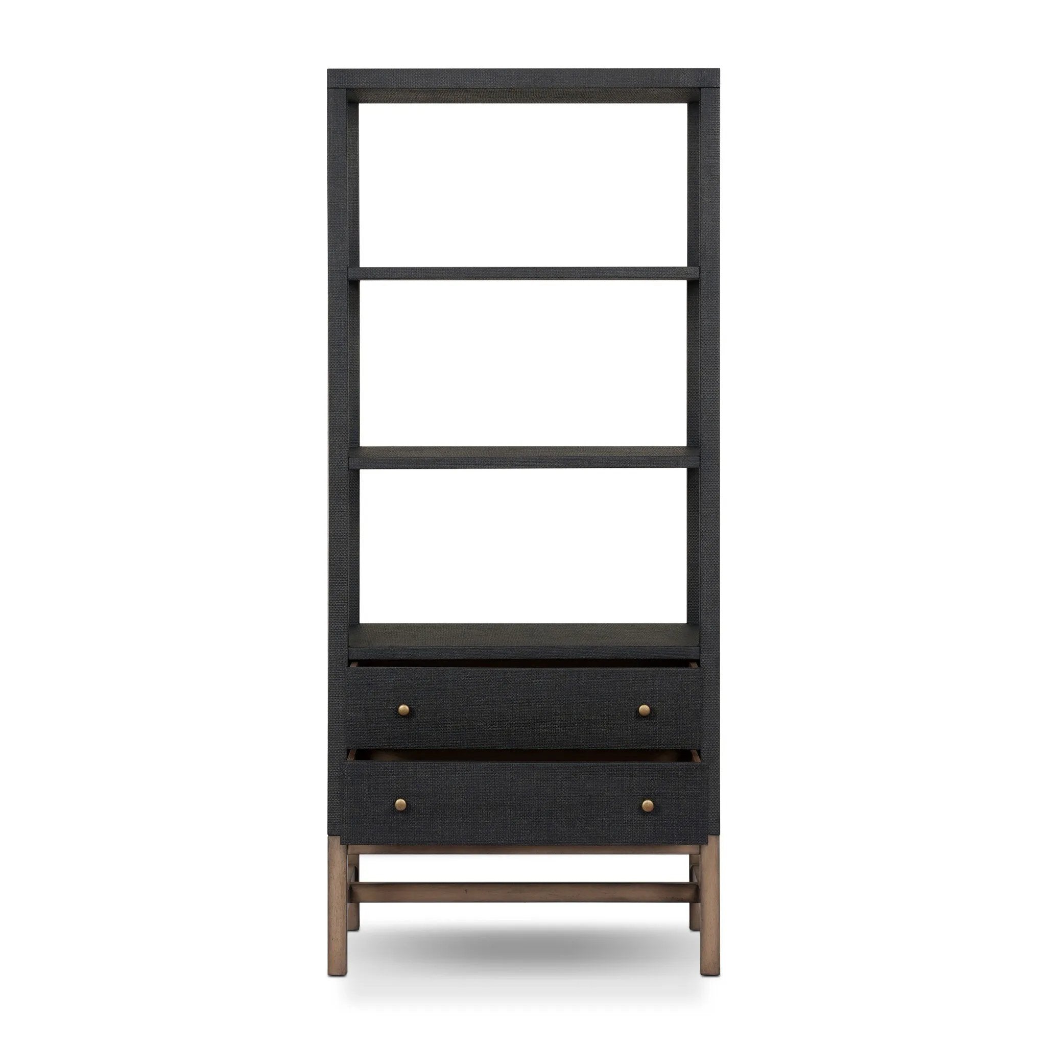 Woven black raffia drawers offer closed storage and a texture-driven take on book shelving. Antique brass-finished hardware adds a touch of vintage detailing, all framed within solid mahogany Amethyst Home provides interior design, new home construction design consulting, vintage area rugs, and lighting in the Portland metro area.