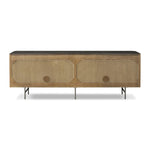 Featuring Fletcher Terra Brown Oak Media Console by Four Hands at Amethyst Home. Rich with reeding for texture and a linear look, this brown oak media console features four doors with brushed brass hardware and curved corners. Its top is a slab of bluestone, adding a striking material mix, while white mineral lines and natural variations mark the uniquenes. Amethyst Home provides interior design, new home construction design consulting, vintage area rugs, and lighting in the Des Moines metro area.