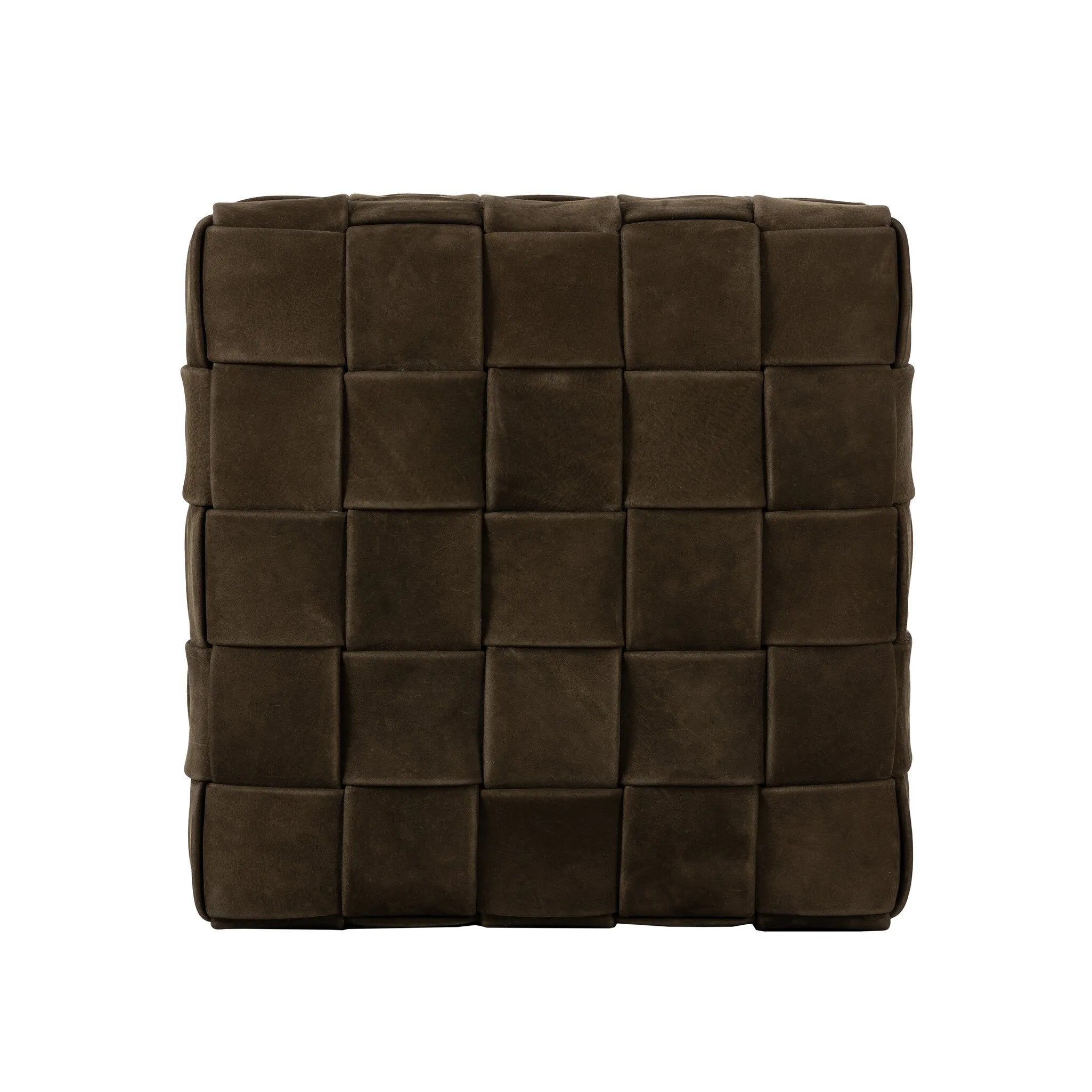 Soft, specialized top-grain leather is hand-woven, crafting a look of a treasured vintage find. Use as bonus seating or style with a tray for an extra surface Amethyst Home provides interior design, new home construction design consulting, vintage area rugs, and lighting in the Boston metro area.