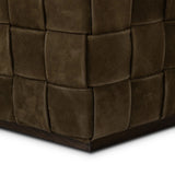 Soft, specialized top-grain leather is hand-woven, crafting a look of a treasured vintage find. Use as bonus seating or style with a tray for an extra surface Amethyst Home provides interior design, new home construction design consulting, vintage area rugs, and lighting in the Des Moines metro area.