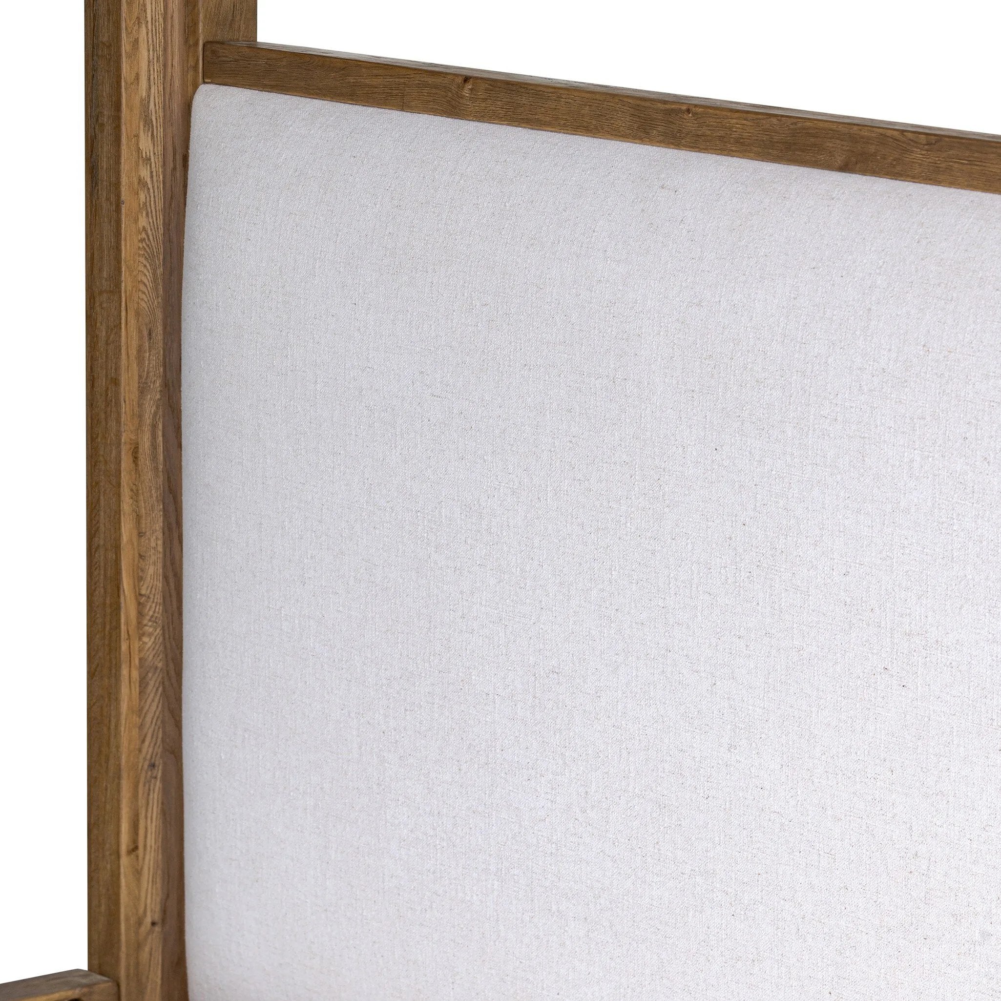 Minimalist and modern, this platform-style canopy bed is framed to a low profile and softened with an upholstered headboard. The character-rich oak's rounded corners and light brown finish add to the bed's fresh appeal Amethyst Home provides interior design, new home construction design consulting, vintage area rugs, and lighting in the Kansas City metro area.