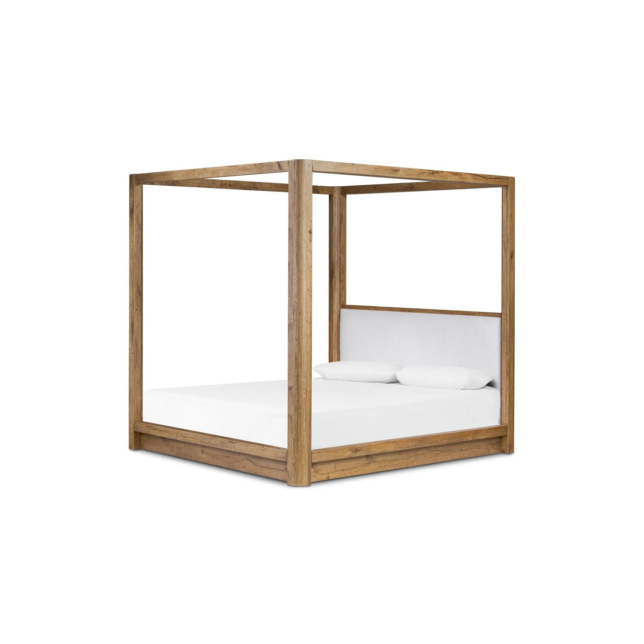 Minimalist and modern, this platform-style canopy bed is framed to a low profile and softened with an upholstered headboard. The character-rich oak's rounded corners and light brown finish add to the bed's fresh appeal Amethyst Home provides interior design, new home construction design consulting, vintage area rugs, and lighting in the Miami metro area.