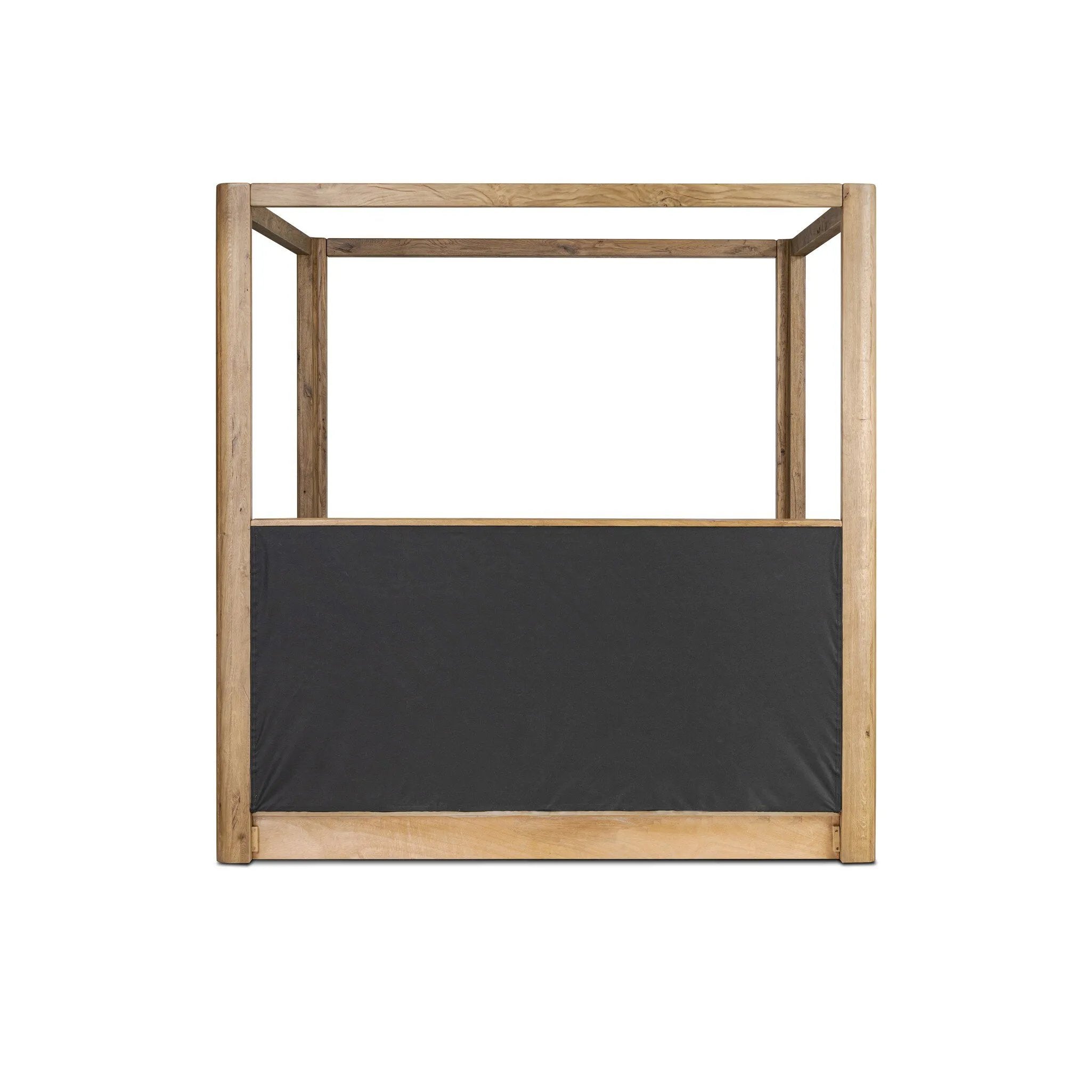 Minimalist and modern, this platform-style canopy bed is framed to a low profile and softened with an upholstered headboard. The character-rich oak's rounded corners and light brown finish add to the bed's fresh appeal Amethyst Home provides interior design, new home construction design consulting, vintage area rugs, and lighting in the Salt Lake City metro area.