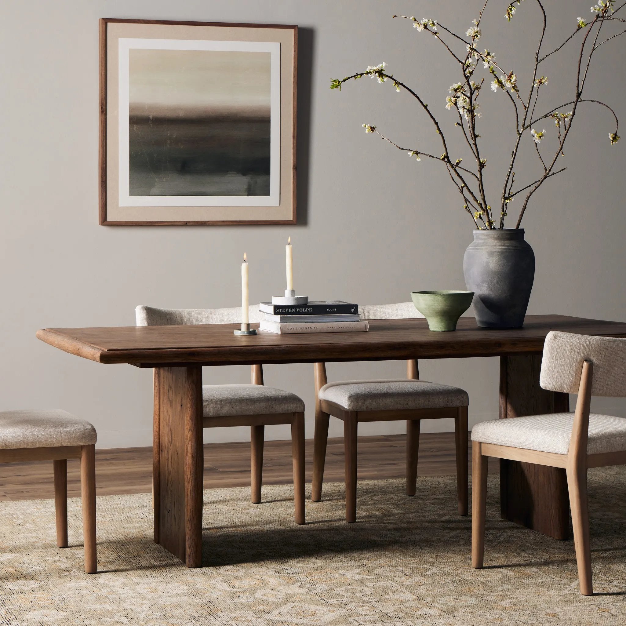 Made from weathered oak, simple lines and a light, rustic finish play up the natural beauty of this double pedestal dining table Amethyst Home provides interior design, new home construction design consulting, vintage area rugs, and lighting in the Des Moines metro area.