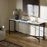 Featuring Hammered White Marble Iron Console Table by Four Hands at Amethyst Home. An open console table pairs a hand-hammered black iron base with a smooth white marble top, crafting a minimalist look with contrast. An open design creates endless possibilities for your media display and storage, or even styled in an entryway. Overall Dimensions: 78.00"w x 20.. Amethyst Home provides interior design, new home construction design consulting, vintage area rugs, and lighting in the Boston metro area.
