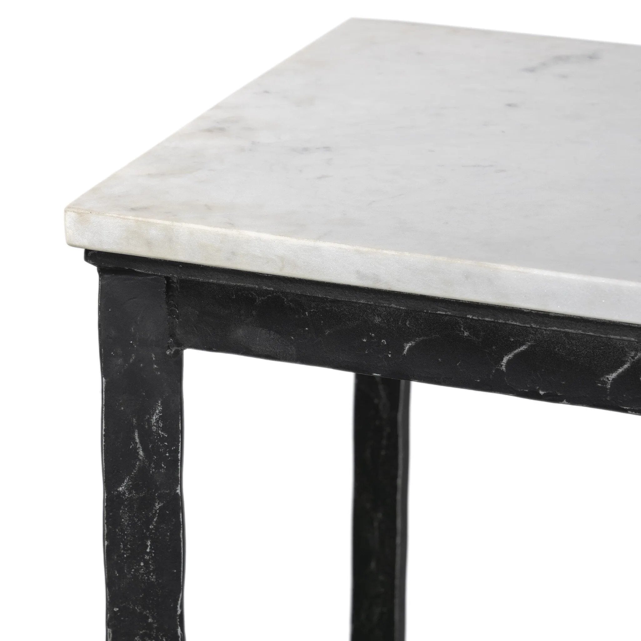 Featuring Hammered White Marble Iron Console Table by Four Hands at Amethyst Home. An open console table pairs a hand-hammered black iron base with a smooth white marble top, crafting a minimalist look with contrast. An open design creates endless possibilities for your media display and storage, or even styled in an entryway. Overall Dimensions: 78.00. Amethyst Home provides interior design, new home construction design consulting, vintage area rugs, and lighting in the Salt Lake City metro area.