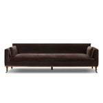 Mid-century modern with a dash of vintage detail, this bench-style sofa makes a statement. With traditional details like turned oak legs and brass casters, this low-profile sofa features an elongated bench seat for an inviting sit. Velvety chocolate-brown upholstery finishes a knife-edge back and boxed arm cushions Amethyst Home provides interior design, new home construction design consulting, vintage area rugs, and lighting in the Park City metro area.