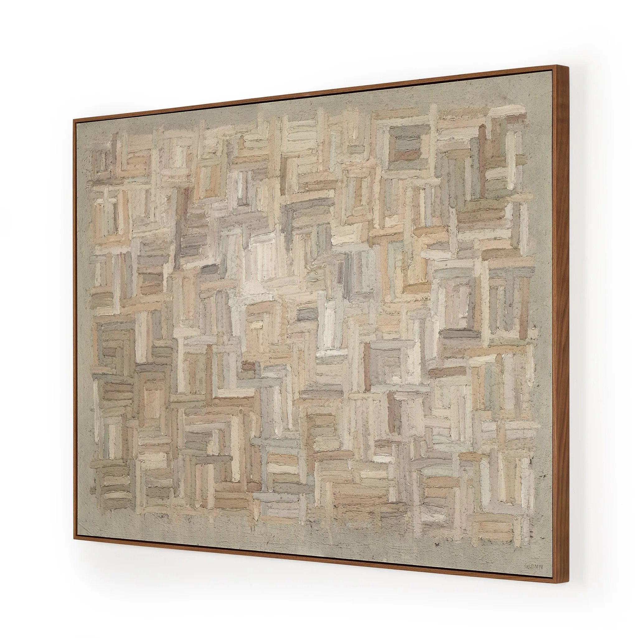 Based in Austin, Texas, abstract-expressionist painter Tyler Guinn looks to texture and organic sensibility to shape his wide variety of works, from geometric pieces and flowing landscapes to mark making and automatic writing. If not currently in stock, this texture-enhanced piece ships within three weeks. Handmade in Austin, Texas Amethyst Home provides interior design, new home construction design consulting, vintage area rugs, and lighting in the Houston metro area.