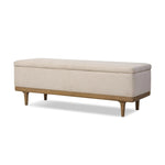 Wrapped in textural cream performance fabric, this spacious trunk doubles as seating at the foot of the bed — or anywhere. Store extra blankets, linens and more. Crafted from oak, the frame and tapered legs with Deco vibes are finished in a worn oak finish. Amethyst Home provides interior design, new home construction design consulting, vintage area rugs, and lighting in the Los Angeles metro area.