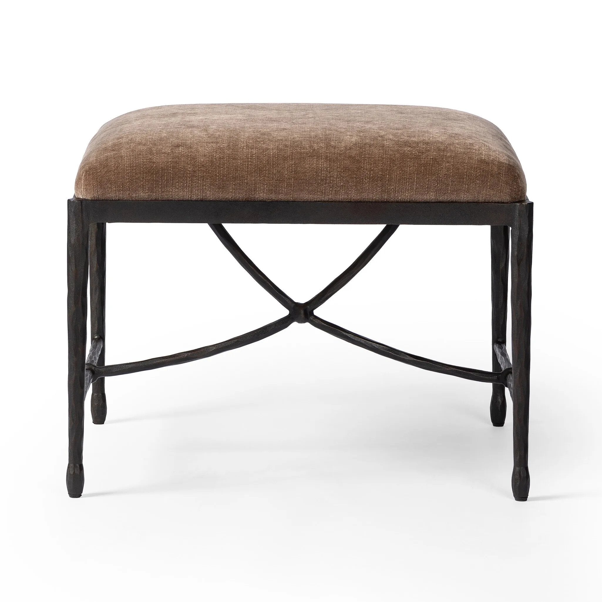 Featuring Jade Altair Mushroom Accent Stool by Four Hands at Amethyst Home. Channel Art Deco with a curved stretcher base of bronzed hammered iron and a velvety seat in a versatile earth tone. Style just about anywhere to create an extra surface or seat. Overall Dimensions: 24.25"w x 20.50"d x 19.00"h. Amethyst Home provides interior design, new home construction design consulting, vintage area rugs, and lighting in the Boston metro area.