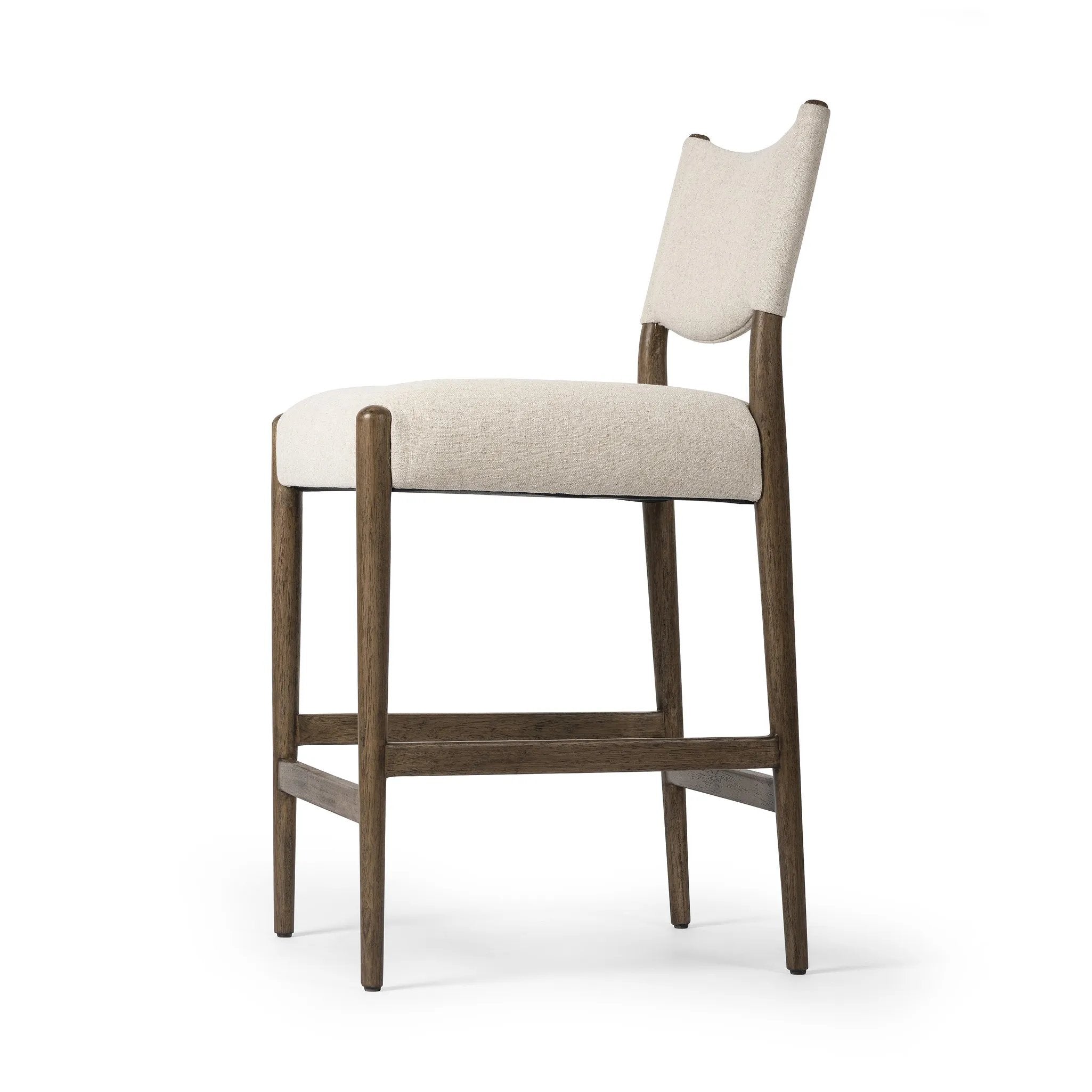 Featuring Jayla Antwerp Natural Stool by Four Hands at Amethyst Home. A midcetury-inspired piece, updated for modern times. A supportive back and seat cushion are upholstered in high-performance fabric, with walnut-finished wooden armrests prime for the head of the table. Perfectly sized for the counter. Steam regularly to keep fabric looking crisp. Performanc. Amethyst Home provides interior design, new home construction design consulting, vintage area rugs, and lighting in the Austin metro area.