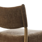 A midcentury-inspired piece brought to modern times. A supportive, sling-style back and seat cushion are upholstered in a soft, velvety fabric, with toasted oak armless framing Amethyst Home provides interior design, new home construction design consulting, vintage area rugs, and lighting in the Tampa metro area.