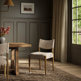 A midcentury-inspired piece brought to modern times. A supportive, sling-style back and seat cushion are upholstered in a soft, velvety fabric, with toasted oak armless framing Amethyst Home provides interior design, new home construction design consulting, vintage area rugs, and lighting in the Calabasas metro area.