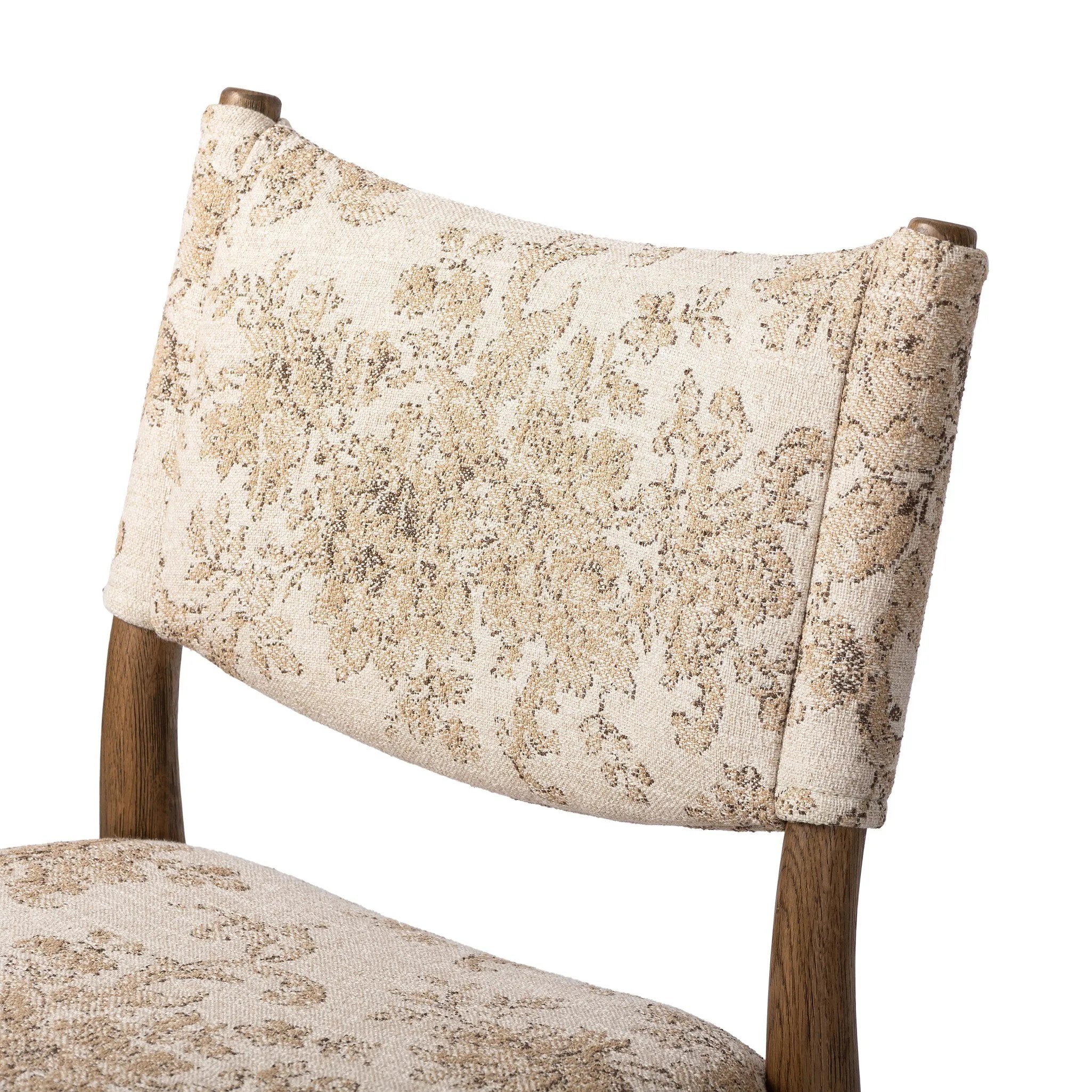 A midcentury-inspired piece brought to modern times. A supportive, sling-style back and seat cushion are upholstered in a soft, velvety fabric, with toasted oak armless framing Amethyst Home provides interior design, new home construction design consulting, vintage area rugs, and lighting in the Tampa metro area.