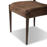 A midcentury-inspired piece brought to modern times. A supportive, sling-style back and seat cushion are upholstered in a soft, velvety fabric, with toasted oak armless framing Amethyst Home provides interior design, new home construction design consulting, vintage area rugs, and lighting in the San Diego metro area.
