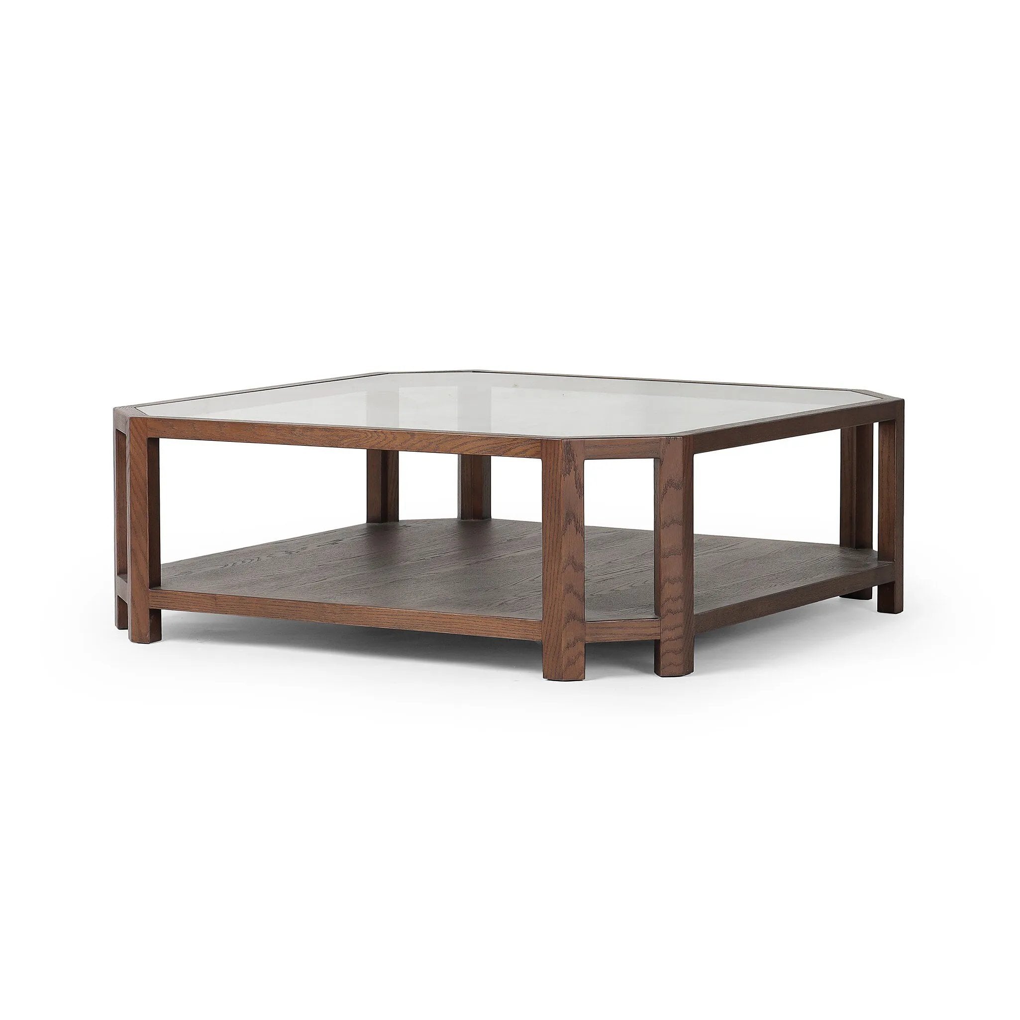 Featuring Jenzen Tempered Glass Coffee Table by Four Hands at Amethyst Home. Mix materials for a timeless look. Warm, brown oak shapes a unique octagon frame for a tempered glass top. Lower open shelving brings bonus storage and display options to your living space. Overall Dimensions: 48.00"w x 48.00"d x 16.50"h. Amethyst Home provides interior design, new home construction design consulting, vintage area rugs, and lighting in the Seattle metro area.