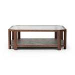Featuring Jenzen Tempered Glass Coffee Table by Four Hands at Amethyst Home. Mix materials for a timeless look. Warm, brown oak shapes a unique octagon frame for a tempered glass top. Lower open shelving brings bonus storage and display options to your living space. Overall Dimensions: 48.00"w x 48.00"d x 16.50"h. Amethyst Home provides interior design, new home construction design consulting, vintage area rugs, and lighting in the Washington metro area.