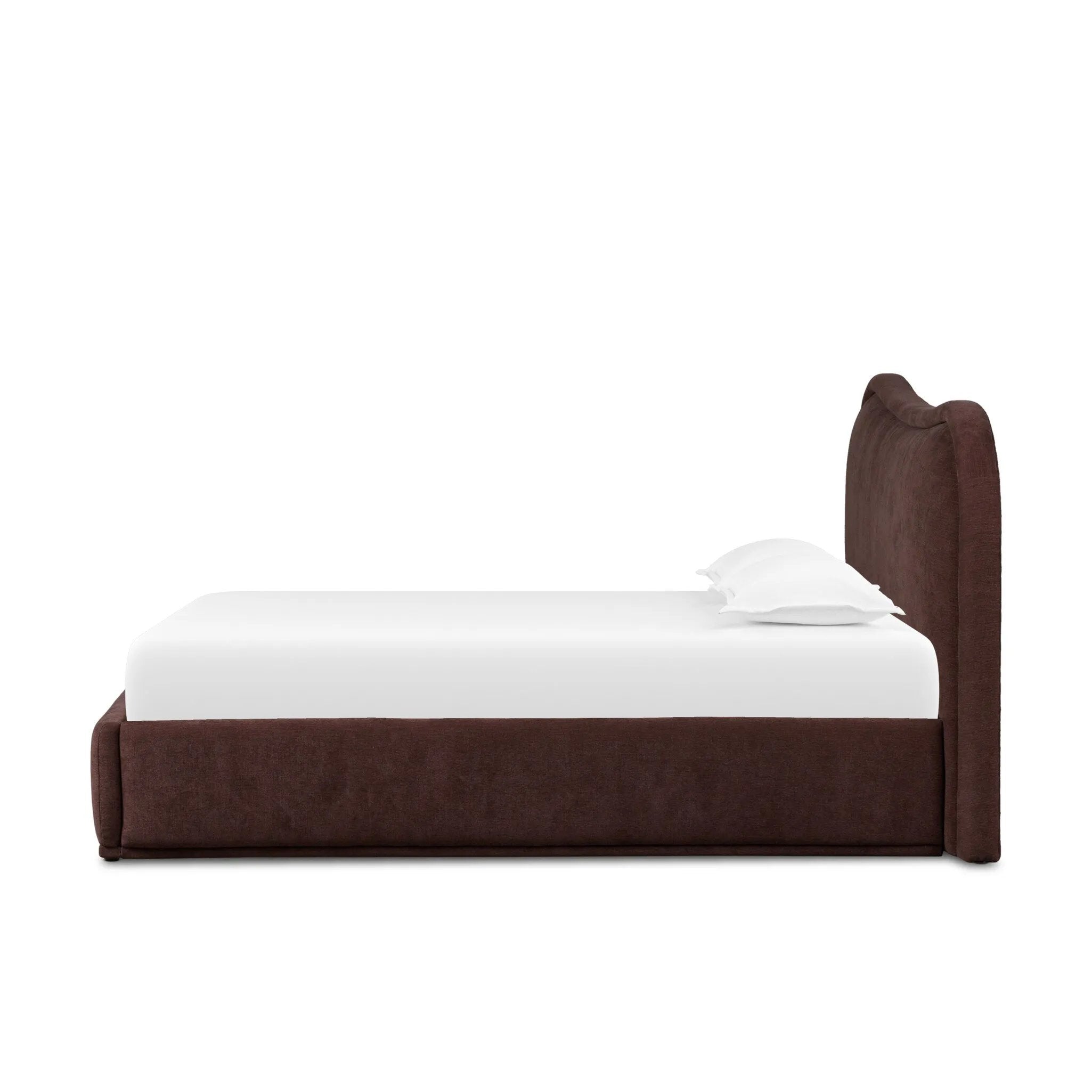 Subtly curved, this swooping bed frame is fully upholstered in a soft, plum-hue fabric for an inviting look that's rich in comfort Amethyst Home provides interior design, new home construction design consulting, vintage area rugs, and lighting in the Des Moines metro area.