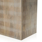 Unique linear carving with an artisan slant. Mango wood is finished in a light wash, highlighting texture and craftsmanship alike. Seats eight comfortably Amethyst Home provides interior design, new home construction design consulting, vintage area rugs, and lighting in the Houston metro area.