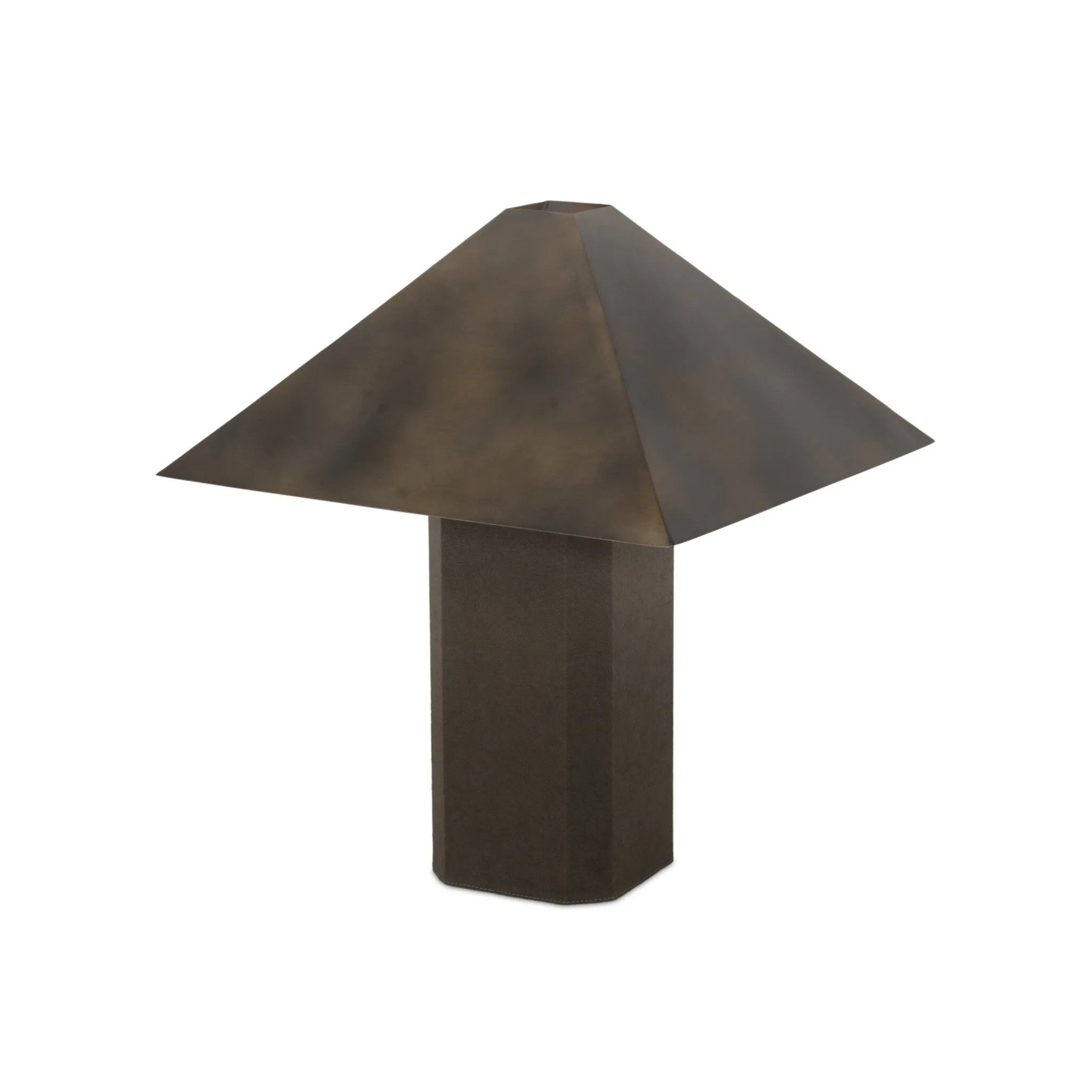 Burnished brass iron in a pyramid shape gives an industrial feel to this lamp's dark green canvas base with softened corners Amethyst Home provides interior design, new home construction design consulting, vintage area rugs, and lighting in the Austin metro area.