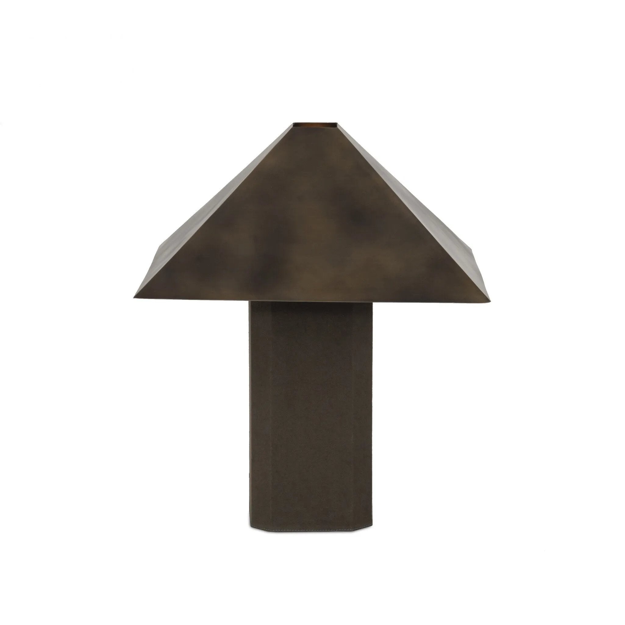 Burnished brass iron in a pyramid shape gives an industrial feel to this lamp's dark green canvas base with softened corners Amethyst Home provides interior design, new home construction design consulting, vintage area rugs, and lighting in the Charlotte metro area.