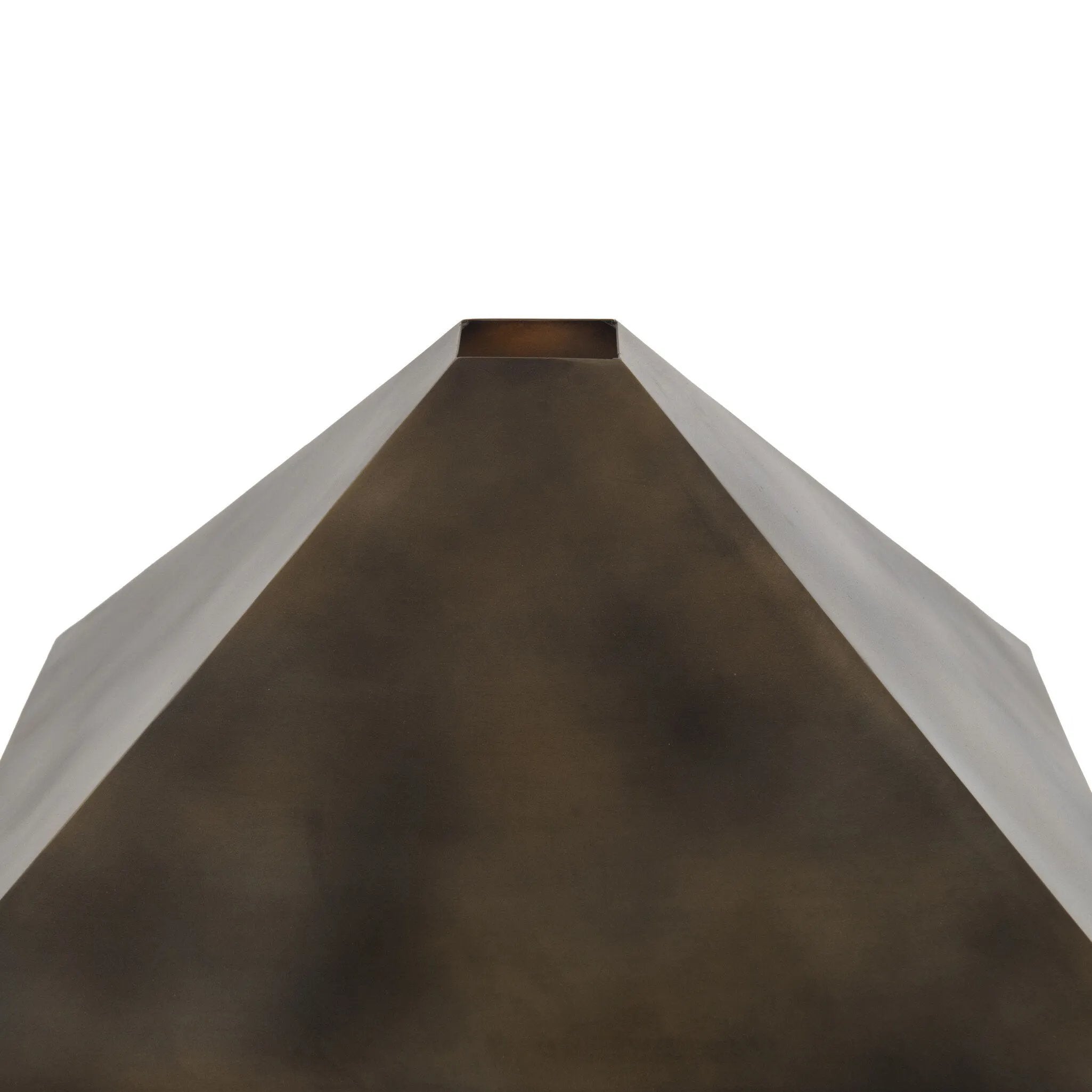Burnished brass iron in a pyramid shape gives an industrial feel to this lamp's dark green canvas base with softened corners Amethyst Home provides interior design, new home construction design consulting, vintage area rugs, and lighting in the Newport Beach metro area.