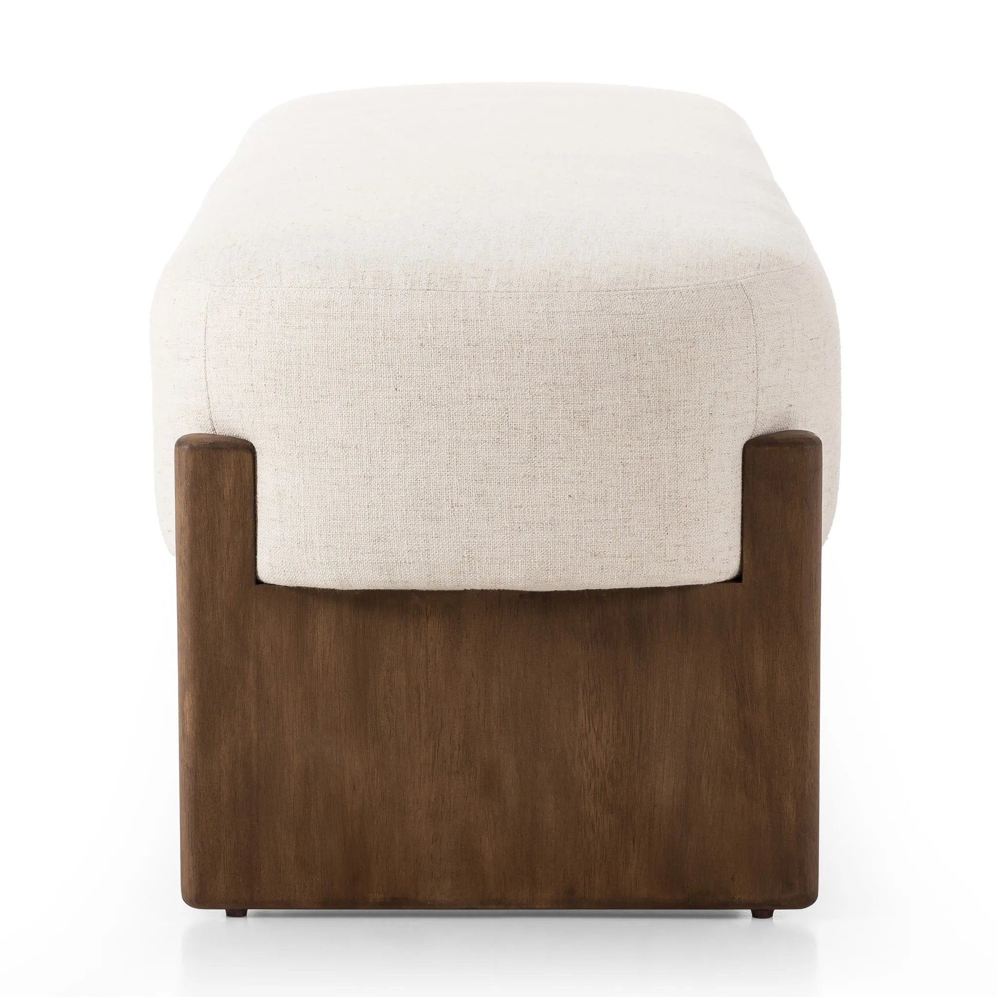 Featuring Kirby Alcala Cream Accent Bench by Four Hands at Amethyst Home. Style this modern accent bench just about anywhere. A cradle base of wire-brushed parawood supports a linen-like upholstered seat. Performance fabrics are specially created to withstand spills, stains, high traffic and wear, ensuring long-term comfort and unmatched durability.Overall Dime. Amethyst Home provides interior design, new home construction design consulting, vintage area rugs, and lighting in the Miami metro area.