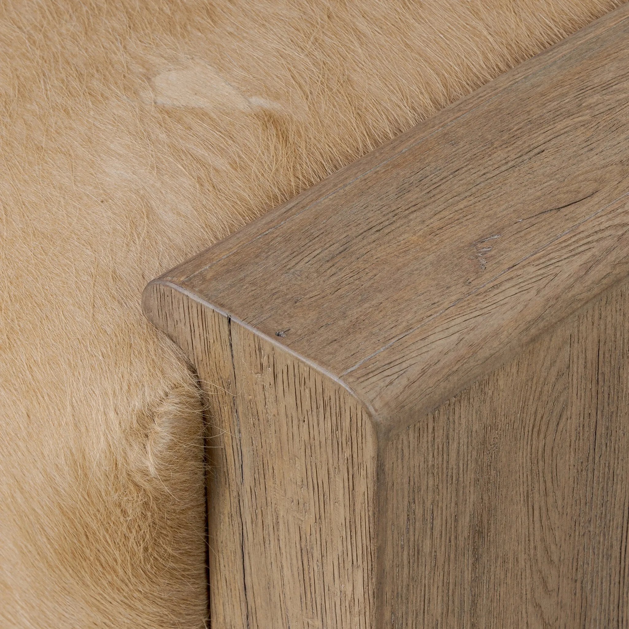 Make your space stand out with a unique accent bench of solid oak and hair on hide. Reflective of hides' one-of-a-kind nature, a variance in coloring, pattern and hair length is to be expected Amethyst Home provides interior design, new home construction design consulting, vintage area rugs, and lighting in the Newport Beach metro area.