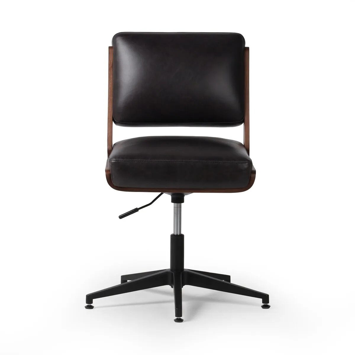 Featuring Landon Sonoma Black Armless Desk Chair by Four Hands at Amethyst Home. A nod to midcentury design, a molded wood frame veneered in rich walnut is paired with black top-grain leather cushions for maximum comfort. Height adjustable and 360-degree swivel function for ease in the workplace.
Overall Dimensions: 26.75" L x 20.5 " W x 34.0" H
Materials: . Amethyst Home provides interior design, new home construction design consulting, vintage area rugs, and lighting in the Calabasas metro area.