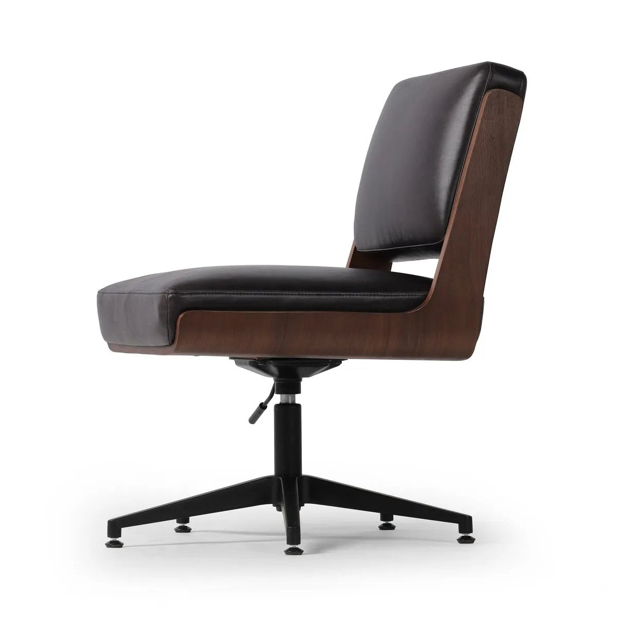 Featuring Landon Sonoma Black Armless Desk Chair by Four Hands at Amethyst Home. A nod to midcentury design, a molded wood frame veneered in rich walnut is paired with black top-grain leather cushions for maximum comfort. Height adjustable and 360-degree swivel function for ease in the workplace.
Overall Dimensions: 26.75" L x 20.5 " W x 34.0" H
Materials: . Amethyst Home provides interior design, new home construction design consulting, vintage area rugs, and lighting in the Nashville metro area.