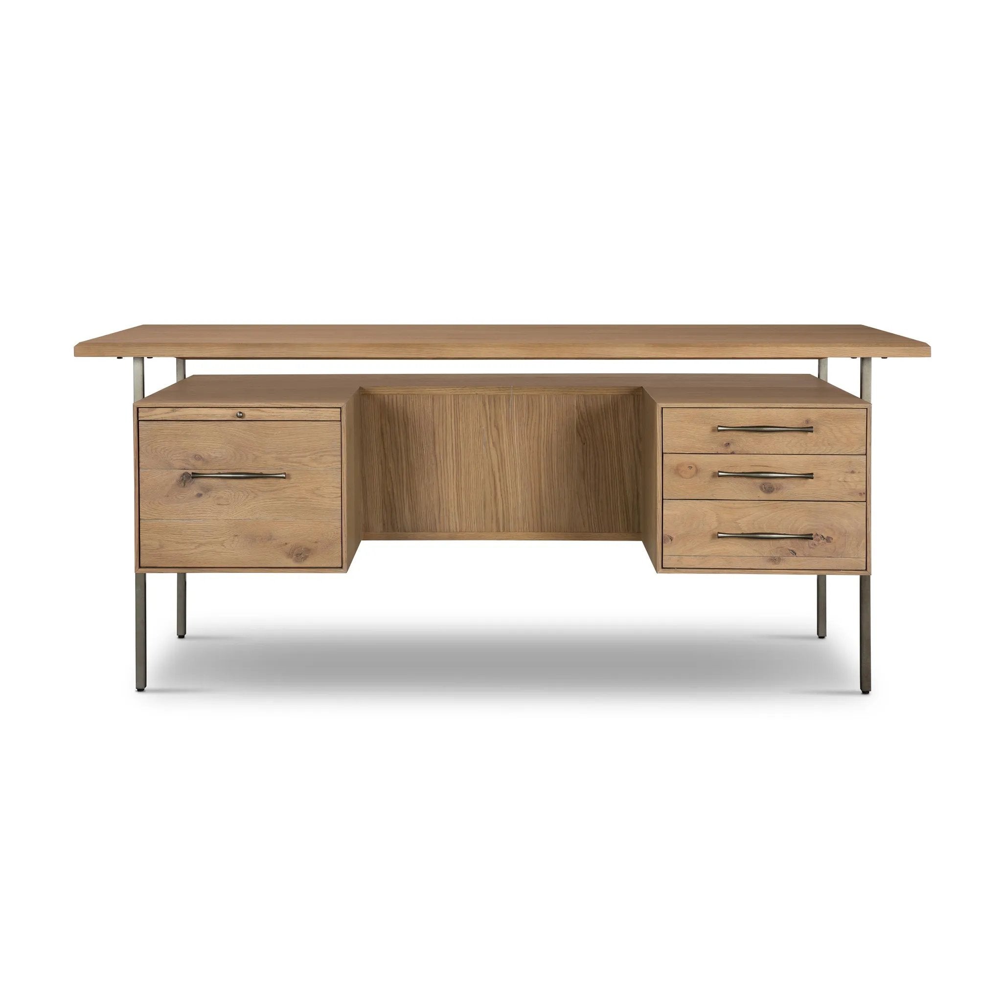 Featuring Lauren Natural Resawn Oak Desk by Four Hands at Amethyst Home. Made from solid oak and reclaimed peroba, a legal-style desk offers major storage with dual cabinetry, including file storage for legal and letter-size documents. A floating top and iron legs keep the look modern and light. This piece is designed in collaboration with Thomas Bina.. Amethyst Home provides interior design, new home construction design consulting, vintage area rugs, and lighting in the Salt Lake City metro area.