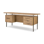 Featuring Lauren Natural Resawn Oak Desk by Four Hands at Amethyst Home. Made from solid oak and reclaimed peroba, a legal-style desk offers major storage with dual cabinetry, including file storage for legal and letter-size documents. A floating top and iron legs keep the look modern and light. This piece is designed in collaboration with Thomas Bina. Four H. Amethyst Home provides interior design, new home construction design consulting, vintage area rugs, and lighting in the Seattle metro area.