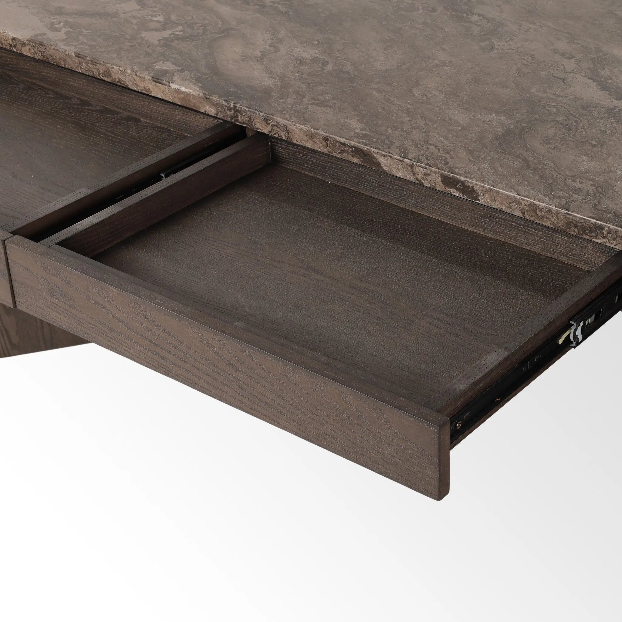 Featuring Lawson Brown Oak Veneer Desk by Four Hands at Amethyst Home. The traditional writing desk, elevated with mixed materials. Vein-rich marble tops an angular brown oak base, with two pencil drawers for storage. Overall Dimensions: 73.50"w x 28.00"d x 30.00"h. Amethyst Home provides interior design, new home construction design consulting, vintage area rugs, and lighting in the Austin metro area.