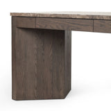 Featuring Lawson Brown Oak Veneer Desk by Four Hands at Amethyst Home. The traditional writing desk, elevated with mixed materials. Vein-rich marble tops an angular brown oak base, with two pencil drawers for storage. Overall Dimensions: 73.50"w x 28.00"d x 30.00"h. Amethyst Home provides interior design, new home construction design consulting, vintage area rugs, and lighting in the Dallas metro area.