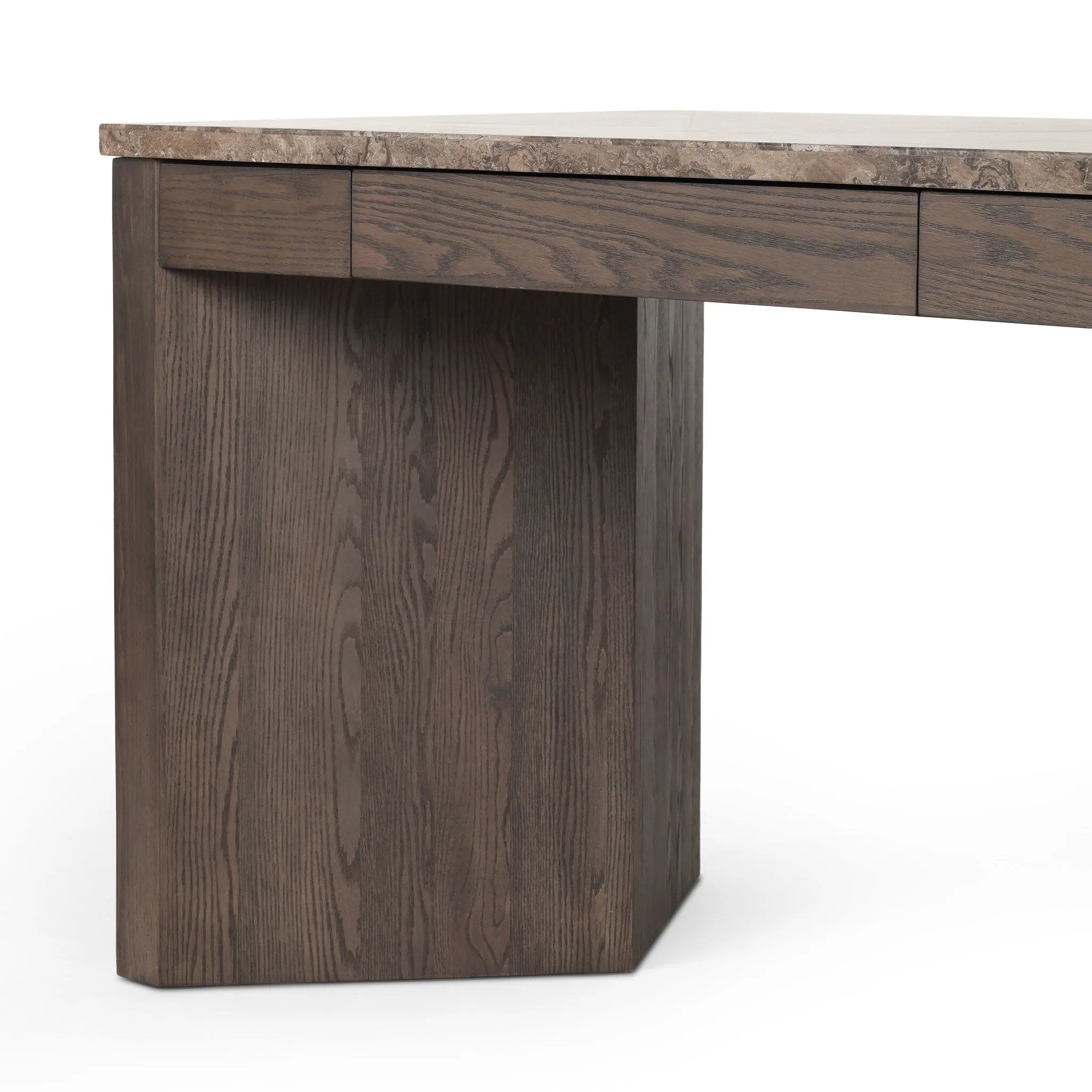 Featuring Lawson Brown Oak Veneer Desk by Four Hands at Amethyst Home. The traditional writing desk, elevated with mixed materials. Vein-rich marble tops an angular brown oak base, with two pencil drawers for storage. Overall Dimensions: 73.50"w x 28.00"d x 30.00"h. Amethyst Home provides interior design, new home construction design consulting, vintage area rugs, and lighting in the Dallas metro area.