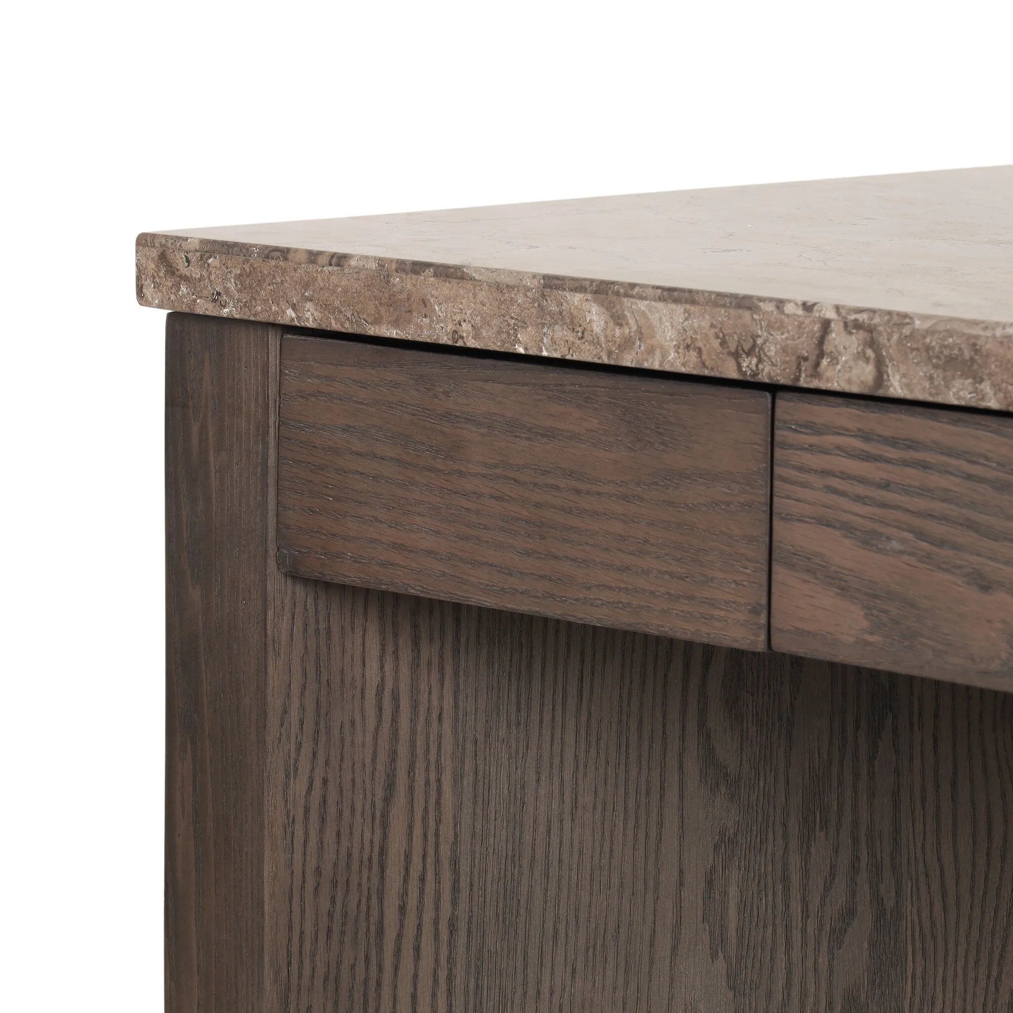 Featuring Lawson Brown Oak Veneer Desk by Four Hands at Amethyst Home. The traditional writing desk, elevated with mixed materials. Vein-rich marble tops an angular brown oak base, with two pencil drawers for storage. Overall Dimensions: 73.50"w x 28.00"d x 30.00"h. Amethyst Home provides interior design, new home construction design consulting, vintage area rugs, and lighting in the Newport Beach metro area.