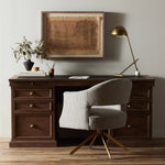 Featuring Lifestyle Sundried Ash Large Desk by Four Hands at Amethyst Home. Borrowing inspiration from the classic lawyer's desk with an inlaid leather top and French-inspired detailing. Finished in warm, sun-dried wheat tones with cast brass hardware, with dual file drawers for letter-sized documents.Overall Dimensions: 68.50"w x 31.00"d x 32.25"hWeight : 17. Amethyst Home provides interior design, new home construction design consulting, vintage area rugs, and lighting in the Houston metro area.