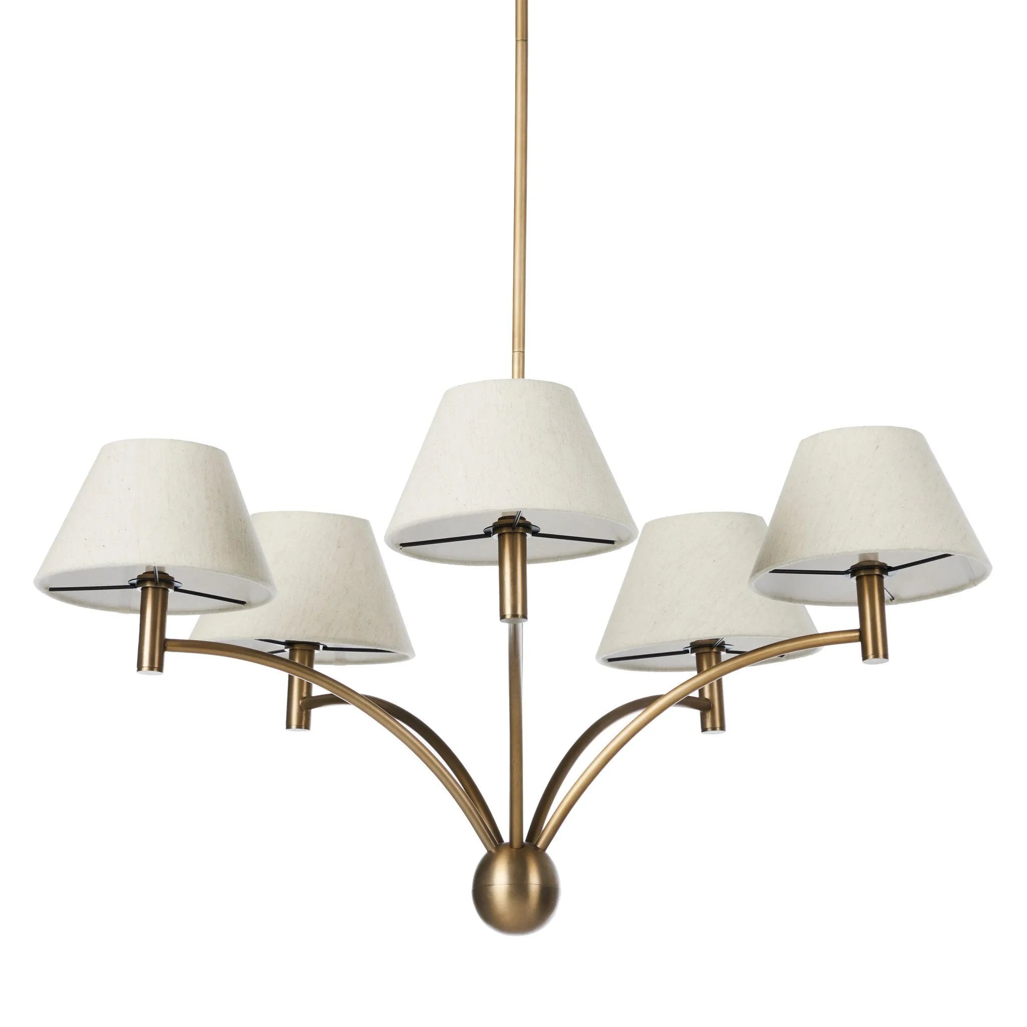 Featuring Linus Aged Brass Iron Chandelier by Four Hands at Amethyst Home. Curved arms and a central ball detail give this chandelier a traditional silhouette, while low tapered shades provide a fresh update. It is designed for versatility and can be hung on slanted ceilings or converted to a flush mount with the included extra pipe piece.
Overall Dimensio. Amethyst Home provides interior design, new home construction design consulting, vintage area rugs, and lighting in the Des Moines metro area.