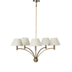 Featuring Linus Aged Brass Iron Chandelier by Four Hands at Amethyst Home. Curved arms and a central ball detail give this chandelier a traditional silhouette, while low tapered shades provide a fresh update. It is designed for versatility and can be hung on slanted ceilings or converted to a flush mount with the included extra pipe piece.
Overall Dimensions:. Amethyst Home provides interior design, new home construction design consulting, vintage area rugs, and lighting in the Houston metro area.