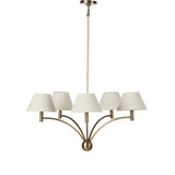 Featuring Linus Aged Brass Iron Chandelier by Four Hands at Amethyst Home. Curved arms and a central ball detail give this chandelier a traditional silhouette, while low tapered shades provide a fresh update. It is designed for versatility and can be hung on slanted ceilings or converted to a flush mount with the included extra pipe piece.
Overall Dimensions:. Amethyst Home provides interior design, new home construction design consulting, vintage area rugs, and lighting in the Houston metro area.