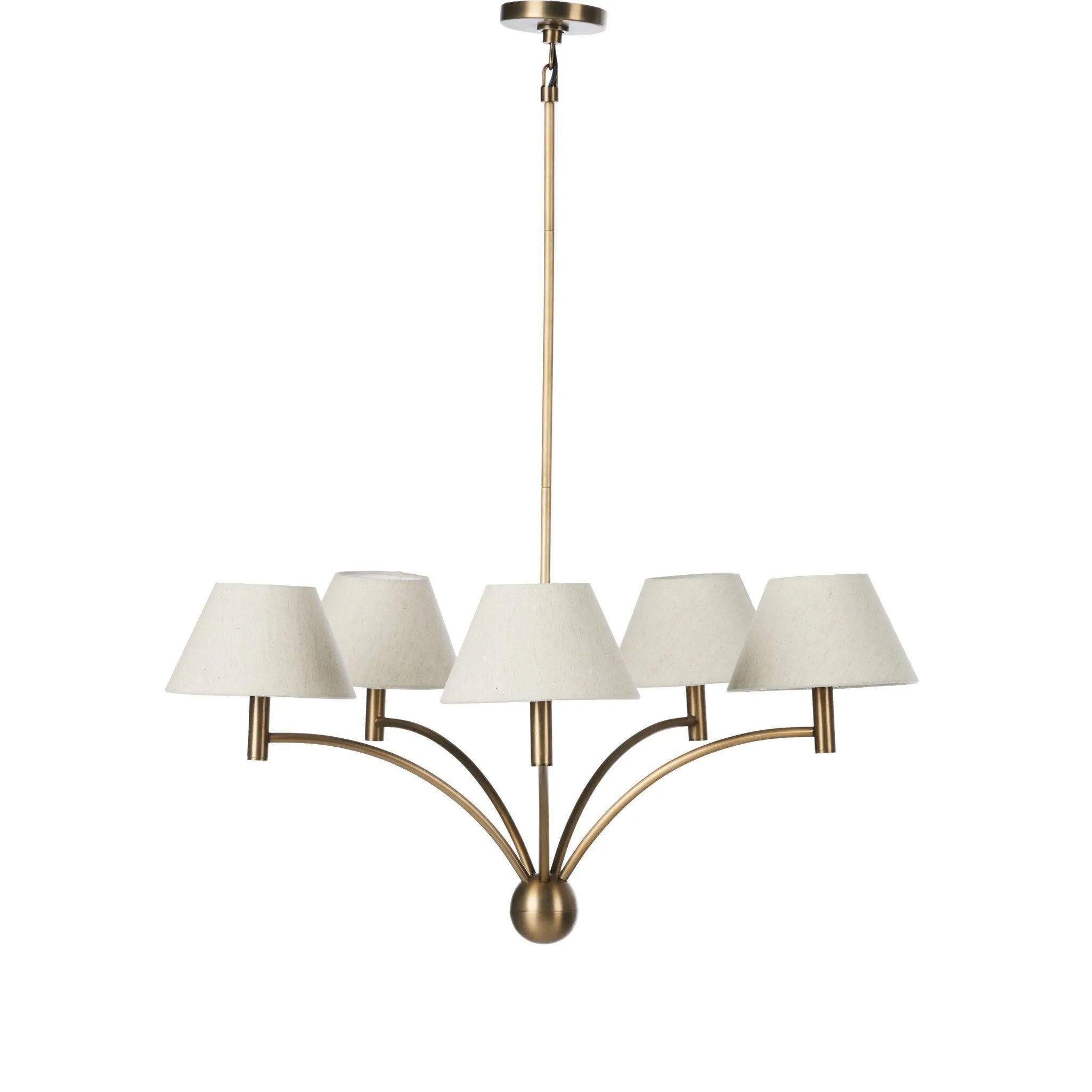 Featuring Linus Aged Brass Iron Chandelier by Four Hands at Amethyst Home. Curved arms and a central ball detail give this chandelier a traditional silhouette, while low tapered shades provide a fresh update. It is designed for versatility and can be hung on slanted ceilings or converted to a flush mount with the included extra pipe piece.
Overall Dimensions:. Amethyst Home provides interior design, new home construction design consulting, vintage area rugs, and lighting in the Houston metro area.
