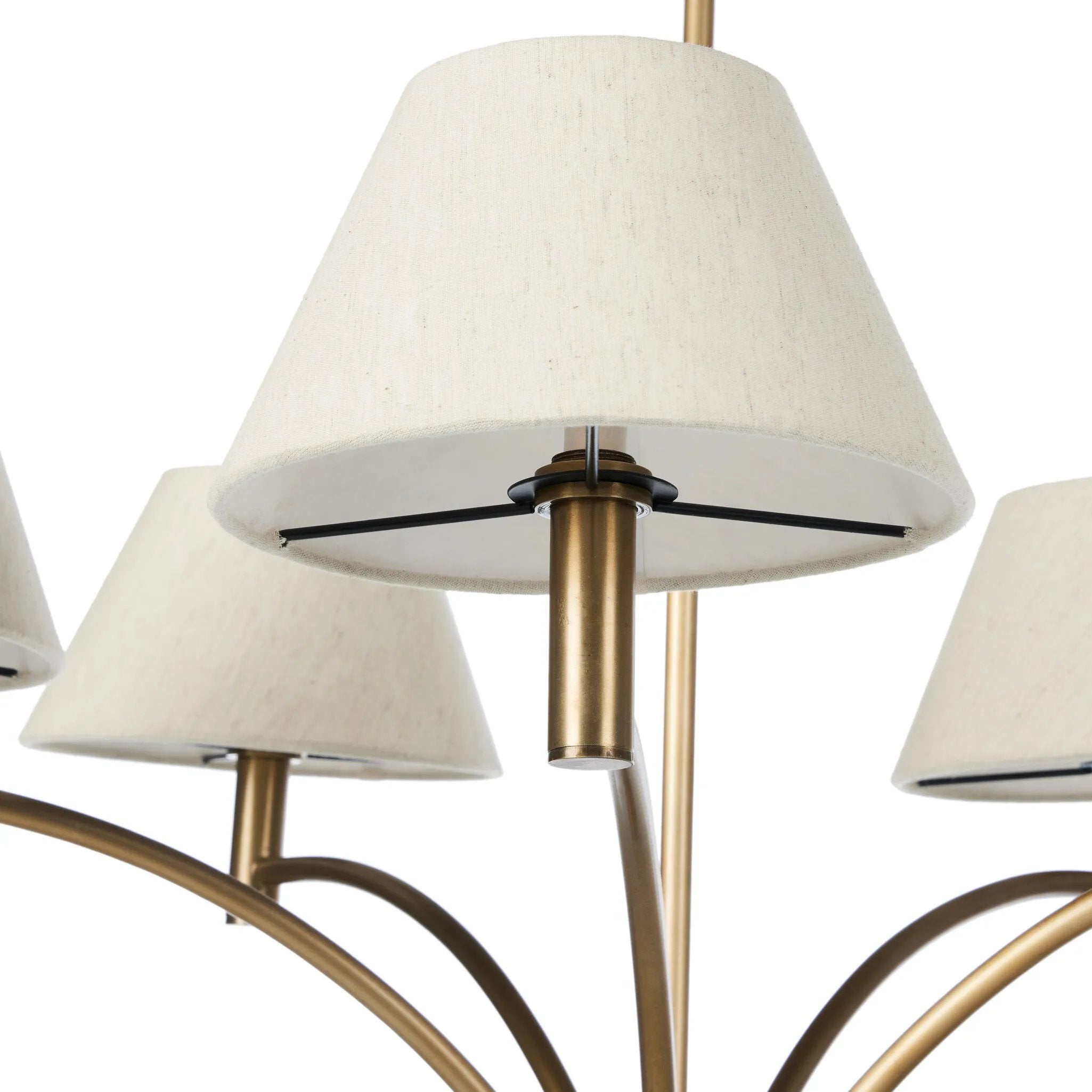 Featuring Linus Aged Brass Iron Chandelier by Four Hands at Amethyst Home. Curved arms and a central ball detail give this chandelier a traditional silhouette, while low tapered shades provide a fresh update. It is designed for versatility and can be hung on slanted ceilings or converted to a flush mount with the included extra pipe piece.
Overall Dimensi. Amethyst Home provides interior design, new home construction design consulting, vintage area rugs, and lighting in the Los Angeles metro area.