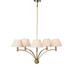 Featuring Linus Aged Brass Iron Chandelier by Four Hands at Amethyst Home. Curved arms and a central ball detail give this chandelier a traditional silhouette, while low tapered shades provide a fresh update. It is designed for versatility and can be hung on slanted ceilings or converted to a flush mount with the included extra pipe piece.
Overall Dime. Amethyst Home provides interior design, new home construction design consulting, vintage area rugs, and lighting in the Salt Lake City metro area.