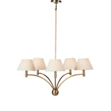 Featuring Linus Aged Brass Iron Chandelier by Four Hands at Amethyst Home. Curved arms and a central ball detail give this chandelier a traditional silhouette, while low tapered shades provide a fresh update. It is designed for versatility and can be hung on slanted ceilings or converted to a flush mount with the included extra pipe piece.
Overall Dime. Amethyst Home provides interior design, new home construction design consulting, vintage area rugs, and lighting in the Salt Lake City metro area.