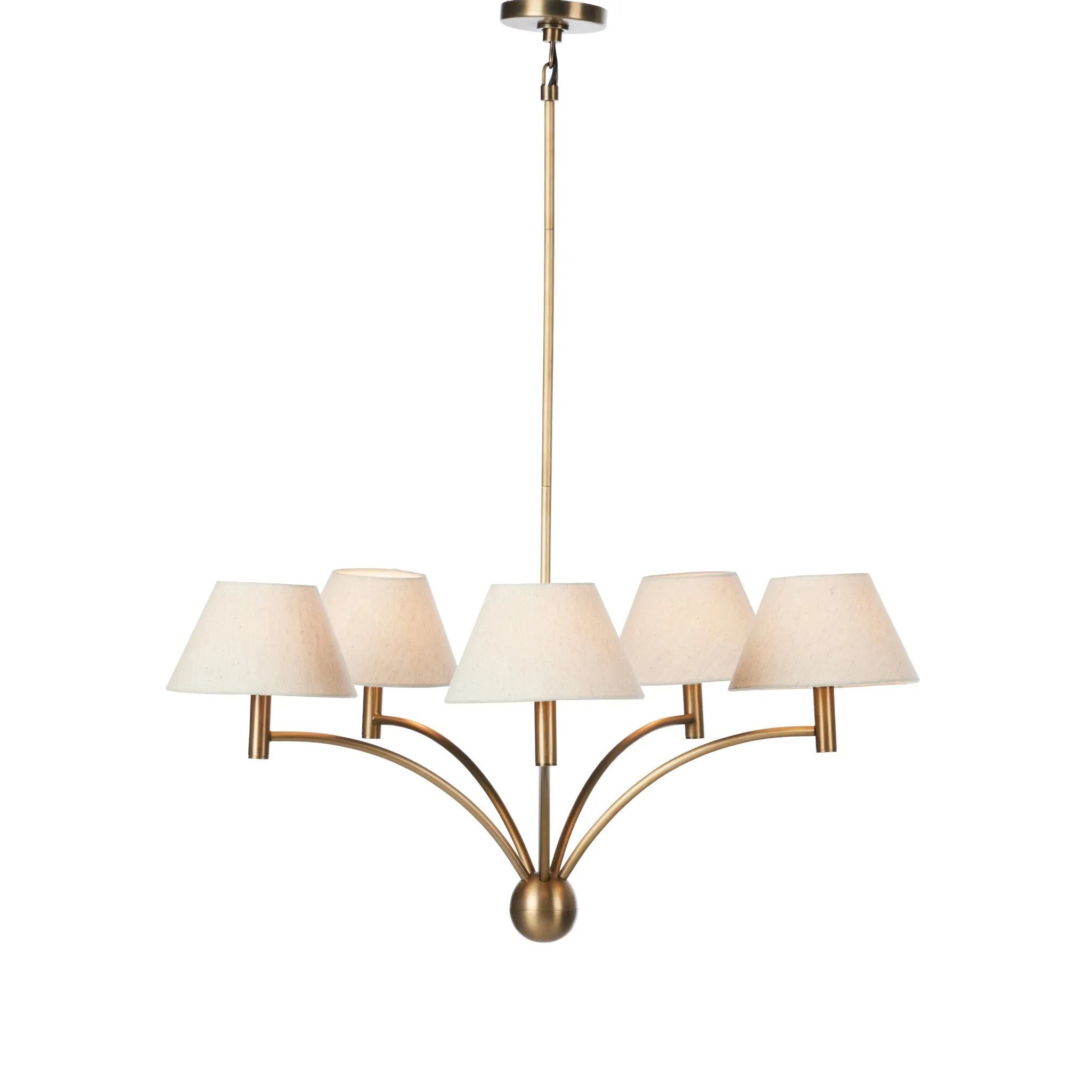 Featuring Linus Aged Brass Iron Chandelier by Four Hands at Amethyst Home. Curved arms and a central ball detail give this chandelier a traditional silhouette, while low tapered shades provide a fresh update. It is designed for versatility and can be hung on slanted ceilings or converted to a flush mount with the included extra pipe piece.
Overall Dime. Amethyst Home provides interior design, new home construction design consulting, vintage area rugs, and lighting in the Salt Lake City metro area.