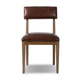 Both modern and traditional, toasted oak frames this high-back, armless dining chair. Finished with a rich brown top-grain leather, with hanging straps affixed to the back Amethyst Home provides interior design, new home construction design consulting, vintage area rugs, and lighting in the Austin metro area.