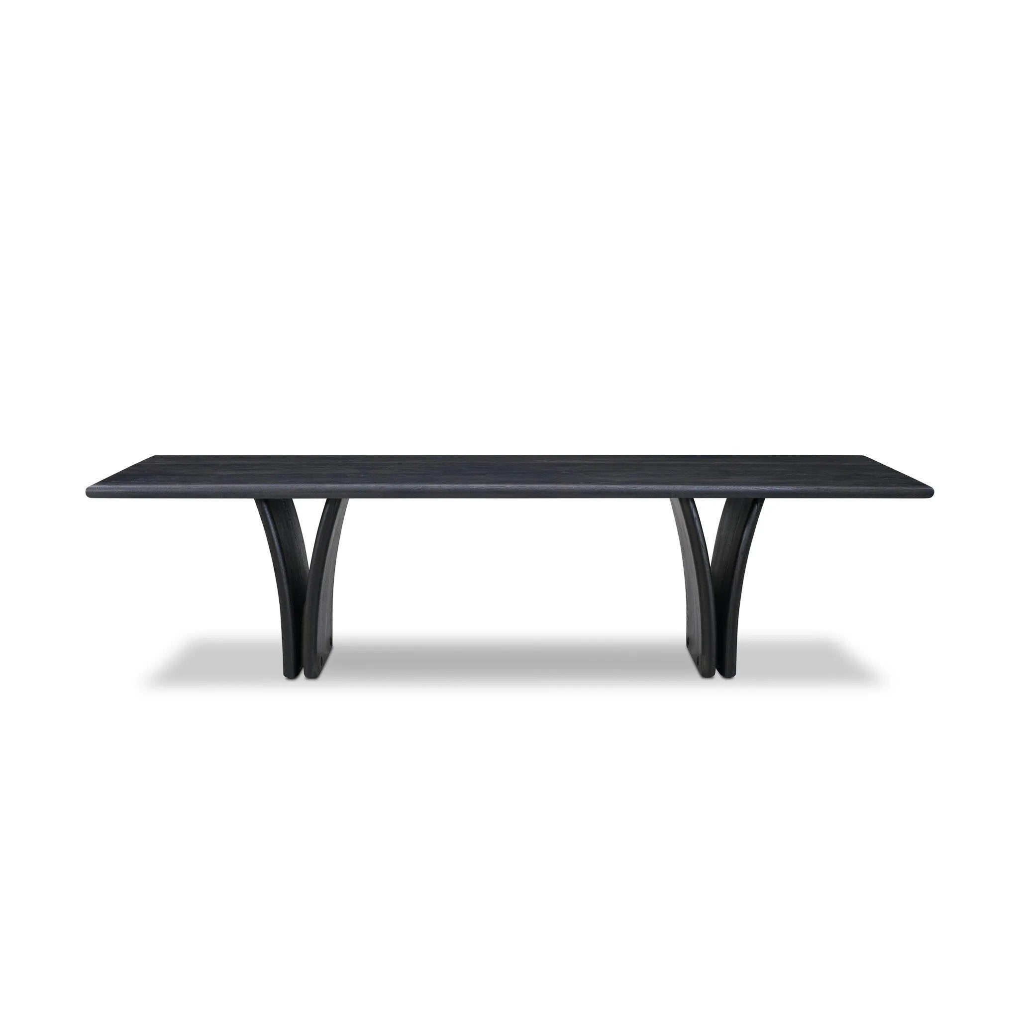 Designed by Thomas Bina and Ronald Sasson, a design partnership blending both modern minimalist and Brazilian influences. Grand-scale dining table is crafted from reclaimed French oak with tapered pedestal panels connected at the base. Seats 12 Amethyst Home provides interior design, new home construction design consulting, vintage area rugs, and lighting in the Scottsdale metro area.